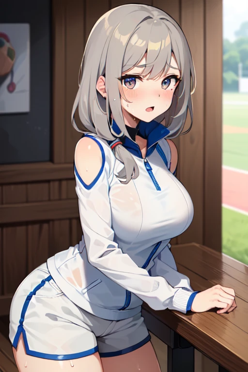 {(((Best quality)), ((tmasterpiece)), (Detailed pubic hair), Perfect face shape, American girl, sweaty, Gray hair, soccer ball, white straitjacket, white shorts, The large, The large, At home.)}