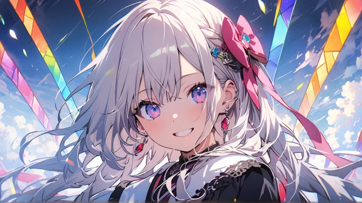 １girl with,Long fluffy platinum blonde hair,ribbon high school uniform,Delicate Makeup,Too eyebrows,beutiful breast,Black eyes,Black skin,work to pick up stars,by picking it up, your hair will start to shine little by little..