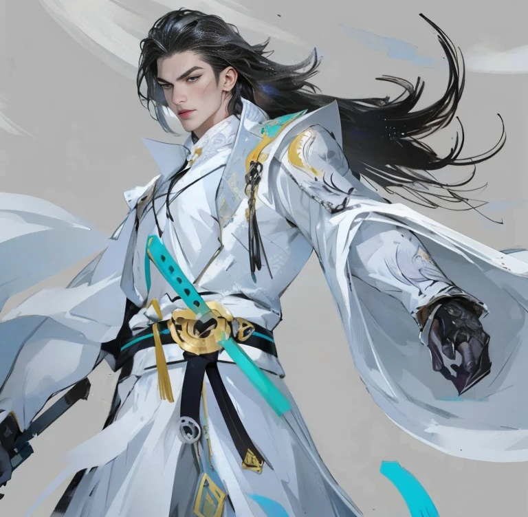 White clothes,Handsome face, Under the scorching sun、dusty battlefield, The atmosphere is tense and dangerous, Flowing sleeves,Exquisite pleats,Black belt around waist,and exquisite metal decoration,A jade-textured flute, 32k, best quality, masterpiece, Super Detail, High Detail,