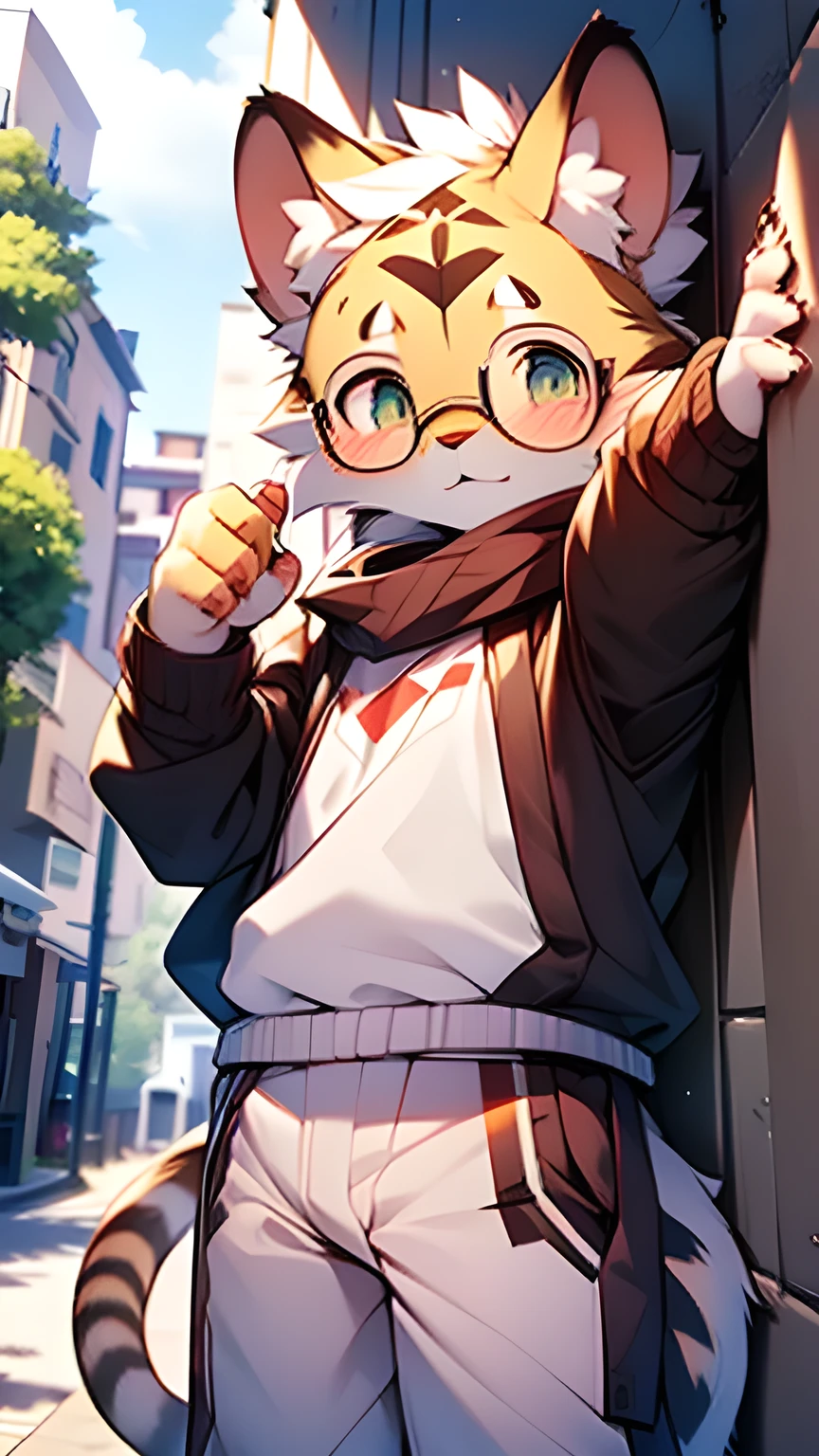 Beautiful eyes,Get close,Dynamic poses,wear glasses,PBR Rendering+UE facilitator,masterpiece,Half-length shot,male,((individual)),Hairy all over,Tiger Orc,(Black and white stripes),Shota,Golden Eyes,Delicate eyes,Look at you shyly,blush,cute,Pink gold pads,outdoor,In the alley,Warm ambient color,I lean against the wall and look up at you,blush,Wall Dong,(Complex hair),Detailed background,Furry tiger tail and ears,Perfect body,8K ,high quality,Petite size,(Beautiful eyes),Get close,Dynamic poses,Half-length shot,