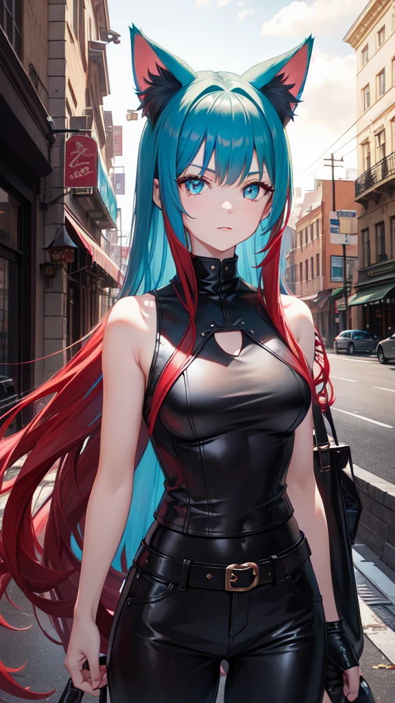 young girl, Long red hair, Cyan eyes, Cat's ears, Black leather t-shirt, Sleeveless, Outdoor Hivot, Tatoo, neckline on the chest, breeches, Masterpiece, hiquality