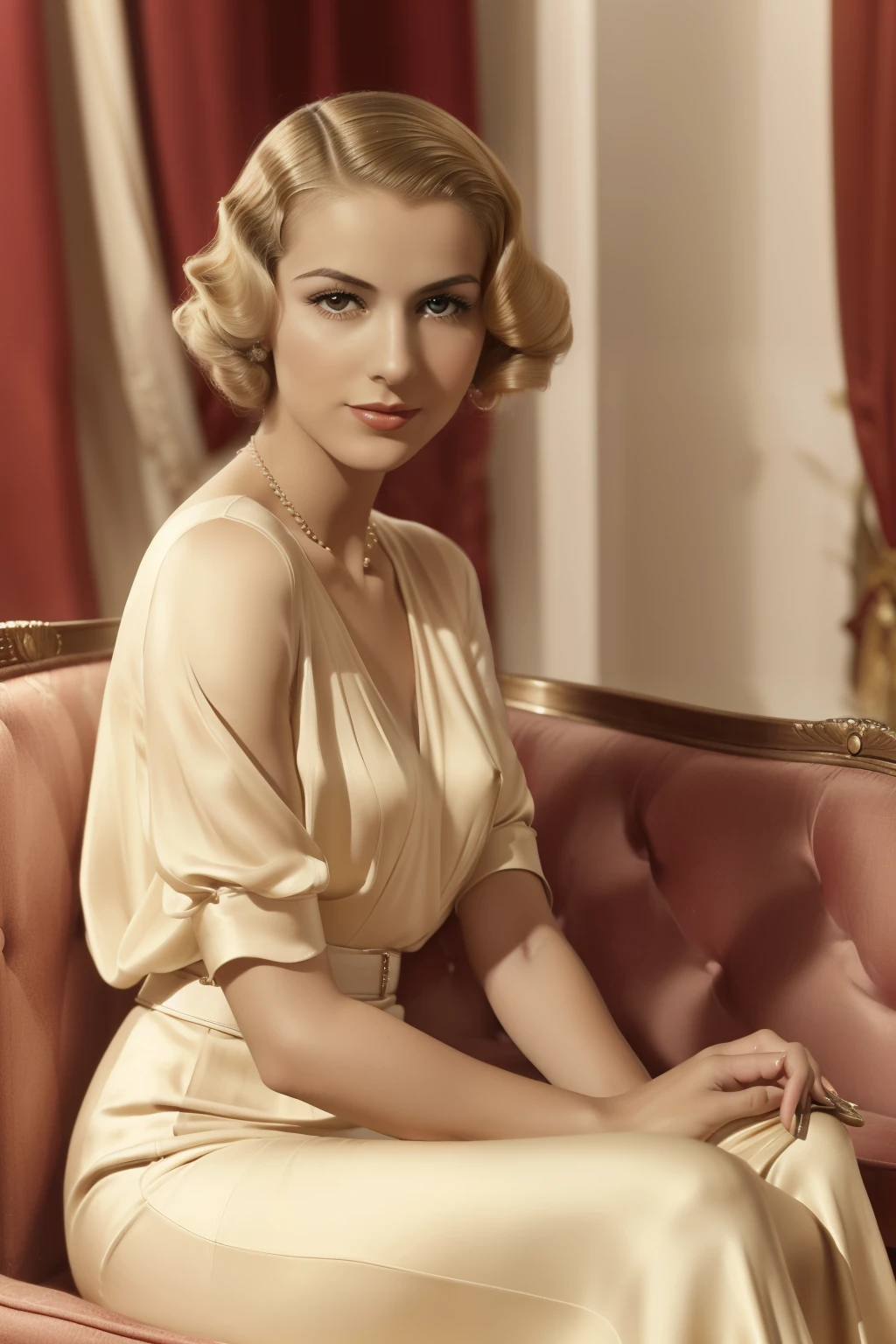 Tetouan, 1937. portrait of A young ((((26-year-old)) Rosalinda Fox)), pale, skinny, fresh, confident, elegant, sitting in a couture shop, ((((clothings from the 1930s)))), ((wavy blonde hairstyle of the 1930s)), (colorful)