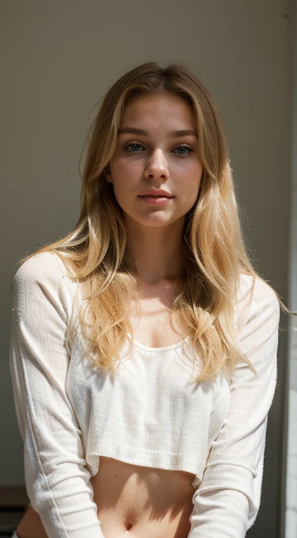 a beautiful woman with long blonde hair, , weiches Licht von der Seite, beautiful blonde girl, sexy girl, 2 2 Jahre altes weibliches Model, attraktiv, Blonde Goddess, natural beauty, very pretty face blonde girl, front view white sweater, pose attraktiv, sexy Aussehen, with natural light background, White top, Pose casual, enge Kleidung