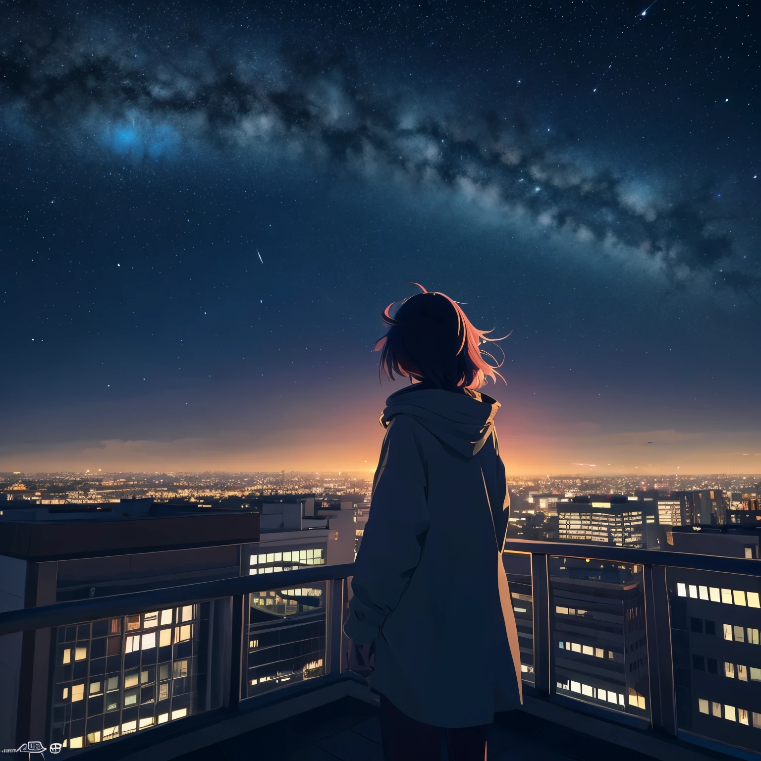 Anime girl standing on a rooftop looking at the stars and the night sky, Anime Wallpaper 4k, Anime Wallpaper 4 k, 4k Anime Wallpaper, Anime Art Wallpapers 8K, anime art wallpaper 4k, anime art wallpaper 4k, Anime Style 4k, makoto shinkai cyril rolando, 4K Manga Wallpapers, Anime Wallpaper, Awesome Wallpapers, shooting star
