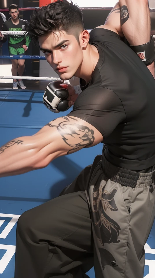 (best quality,4k,8k,highres,masterpiece:1.2),ultra-detailed,realistic,professional,(portraits,concept artists),vivid colors,sharp focus,HDR,studio lighting,(black hair:1.1),(black eyes:1.1), a man, muscualr,strong body,trained,boxing ((wearing half sleeve tattoo)),