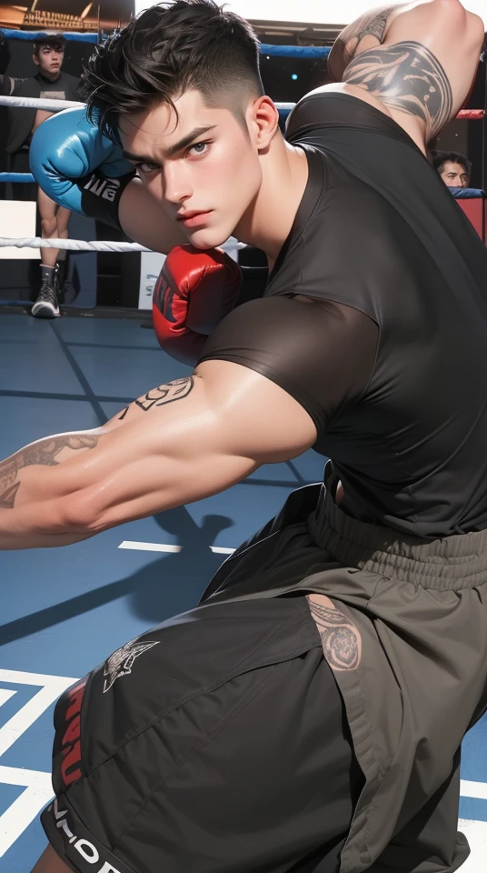 (best quality,4k,8k,highres,masterpiece:1.2),ultra-detailed,realistic,professional,(portraits,concept artists),vivid colors,sharp focus,HDR,studio lighting,(black hair:1.1),(black eyes:1.1), a man, muscualr,strong body,trained,boxing ((wearing half sleeve tattoo)),