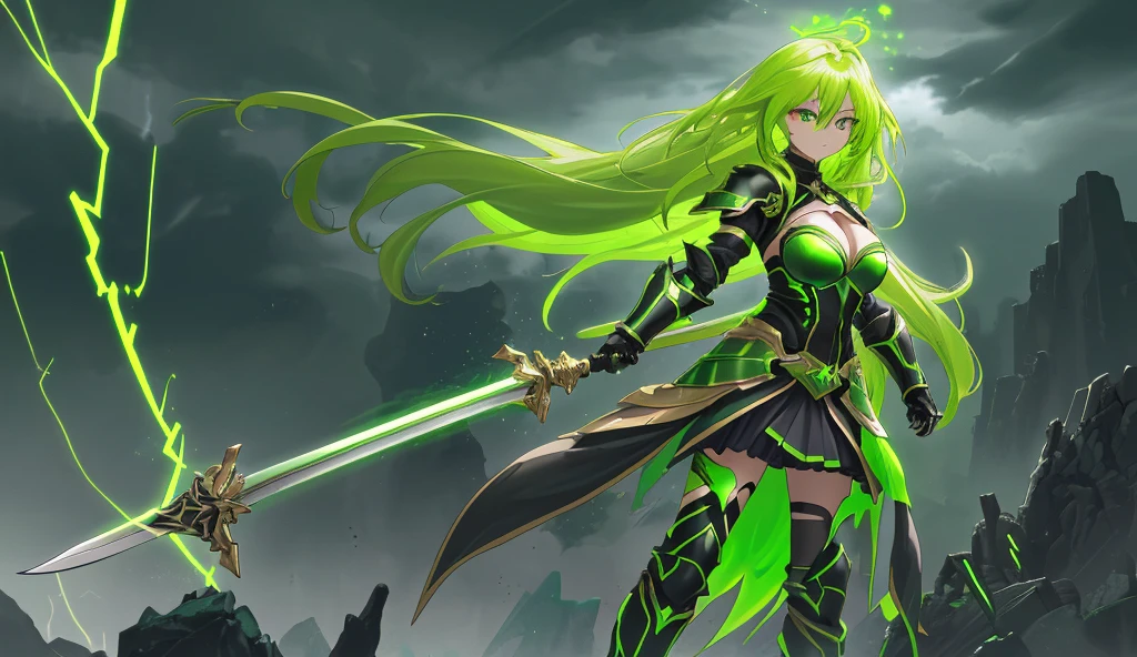 Green fluorescent long hair, golden forehead protector for women, black fluorescent armor, chest, cleavage, iron armor, skirt, iron boots, long-handled sword, whole body, dark clouds and lightning