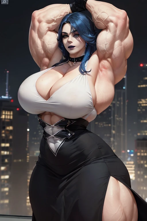 ((((Massive tall, beautiful, buff, pale white skinned muscular woman with royal blue hair, black lipstick, ginormous bulky muscles and wearing a beautiful black dress)))), (close view), massive muscles, massive biceps, hyper muscle shoulders, massive muscle arms, vascular shoulders, hyper muscle triceps, (long curly wavy hair), white eyes, choker, on top of a skyscraper in a night Windy City, confidant smile, hyper vascular arm, hyper muscles arms, hyper muscle legs, (massive arms).