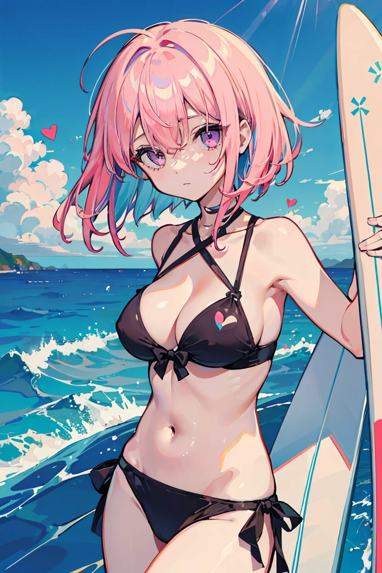 1 girl, Big Tits 1.3, (surfing), Colorful clothes, Pink Hair, Short Bob, Side ribbon, Navel exposed, Swimwear, clear, Unfriendly, Light purple eyes, ((Heart Eyes)), It will happen, Ocean Background,, Colorful Hair, Messy Hair, tonality, Romanticism, modern art, Impressionism, reflected light, 8k, masterpiece, Advanced Details, highest quality, Accurate anatomy, Fingers are simple