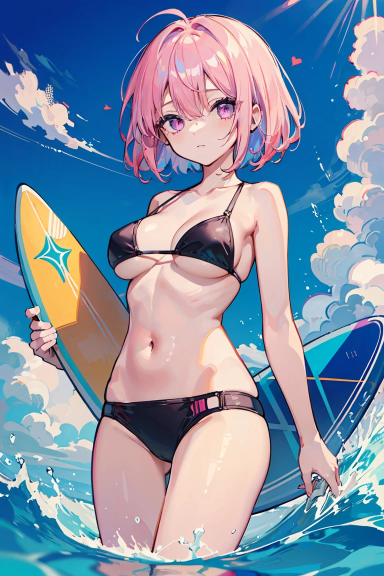 1 girl, Big Tits 1.3, (surfing), Colorful clothes, Pink Hair, Short Bob, Side ribbon, Navel exposed, Swimwear, clear, Unfriendly, Light purple eyes, ((Heart Eyes)), It will happen, Ocean Background,, Colorful Hair, Messy Hair, tonality, Romanticism, modern art, Impressionism, reflected light, 8k, masterpiece, Advanced Details, highest quality, Accurate anatomy, Fingers are simple