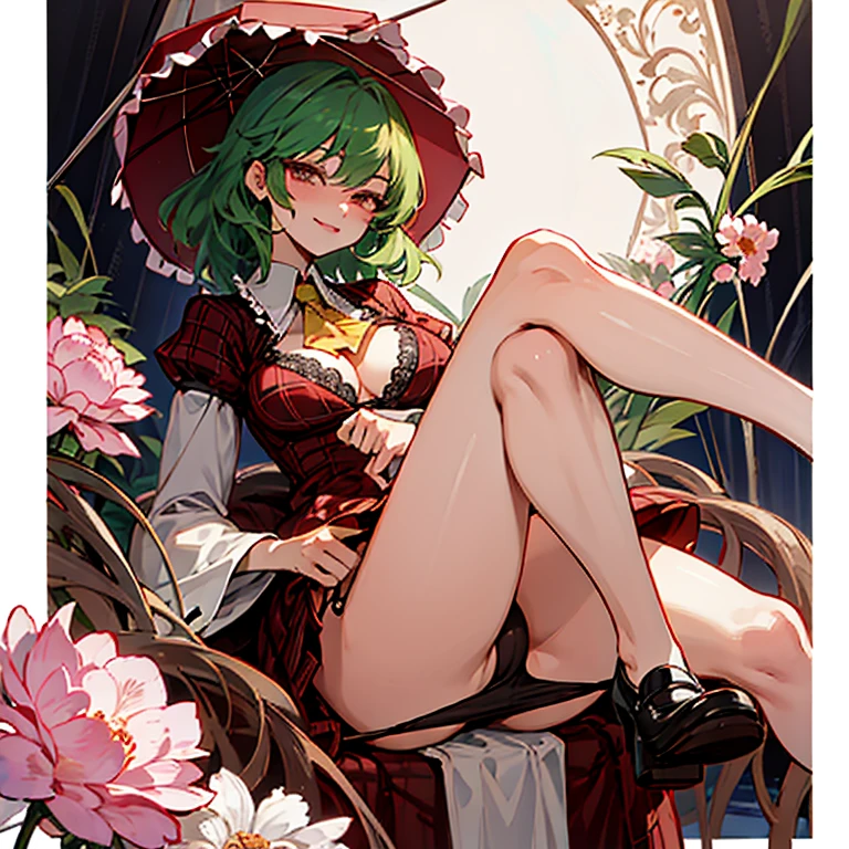 kazami_yuuka(Touhou),(Detailed face),beautiful,luxury,(complicated),(masterpiece),(highest quality),see through,lingerie ,sexy_sitting ,zoom,panty focus,詳細でbeautiful顔,evil smile,detailed eye,Beautifully detailed eyes,Long eyelashes,beautiful唇,Provocative,A wide variety of flowers in the background,(blood),beautiful leg,opened legs,(Normal human body),2hands,2legs ,sagging breast,biggest hip,biggest breast,ass,low angle,(flowers) ,beautiful body line,love juice ,Red plaid clothes,bra out,panty out,