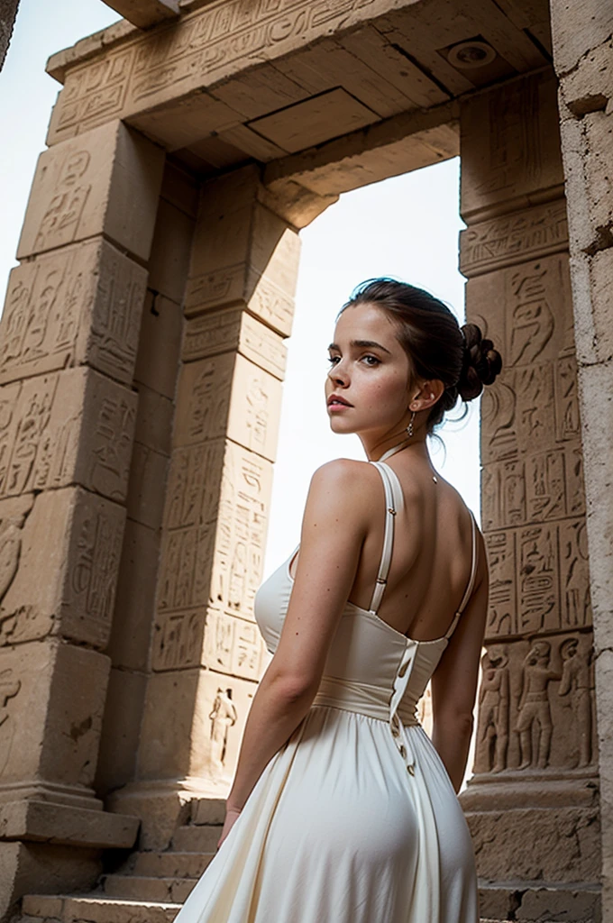Capturing the elegance of Emma Watson immersed in the allure of Ancient Egypt through the lens of 35mm photography. Inspired by Annie Leibovitz, Emma stands in the shadow of a colossal pyramid, her ivory dress contrasting the golden sands. The warm, sun-kissed tones bring out her contemplative gaze, with a hint of mystery. Soft, natural light highlights the hieroglyphs, creating an ethereal atmosphere.