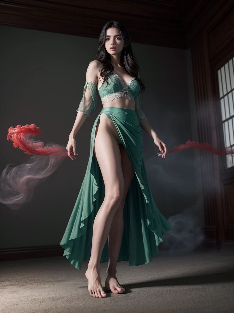 A highly detailed and hyper-realistic depiction of a princess in green skirt, in blue shirt, wearing white panties, Realistic hands. ((full body)), mybeauties, The perspective is from below. ((Full body, bare feet)). The character is surrounded by mist, evoking a mysterious and eerie atmosphere. The lighting is dark and atmospheric, with a red smoke adding a touch of sinister ambiance. The image is of the best quality, with a resolution of 4k and HDR enhancement, showcasing the utmost level of detail and realism, sfw, full body shot.