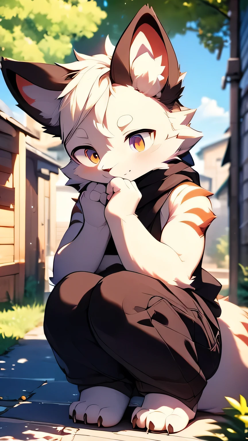 (Extreme details ,8k wallpaper, masterpiece, best quality), (Exquisite light and shadow, ), , Star Eyes, , (Excellent details, Excellent lighting, ), (Excellent rendering,),(masterpiece),(best quality:1.0), (Ultra-high resolution:1.0), Detailed description, 8k, Japanese cartoons, masterpiece, best quality,((1 boy)), Male focus, Solitary,Energetic,hairy,Tiger Orc,Black and white stripes,Shota,(Golden Eyes),Delicate eyes,Look at you shyly,blush,(Shota),(cute),((Pink gold pads)),outdoor,(In the alley),Warm ambient color,(I lean against the wall and look at you),blush,(Wall Dong),Complex hair,Detailed background,(Hairy tail ears),Perfect body,8K,high quality,
