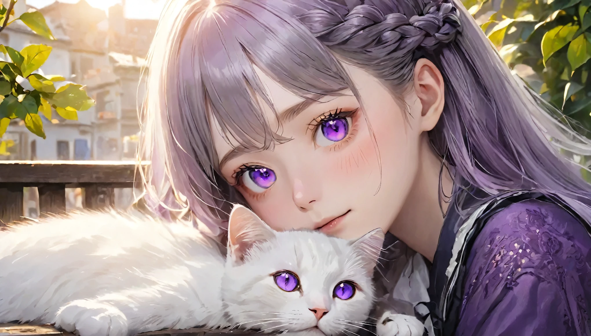 Tabletop, highest quality, Perfect Anatomy、Very delicate and beautiful girl,Very delicate and beautiful, (((Silky white hair、Gradation、Purple hair at the tips、French Braid)))、break、(((灰色のpupil:1.2、Grey Eyes、Grey eyeball)))、Very detailed_face_pupil, Very detailed,There is a calico cat、Odd-eyed🐱、Commemorative photo with cats、 highest quality, High resolution, Very detailed,1 girl, highest quality, shape, Looking at the audience, Authenticistic, Realist ,A peaceful veranda、Summer evening、The afternoon sun is dazzling、Basking in the sun、Warm atmosphere、Sleeping cat