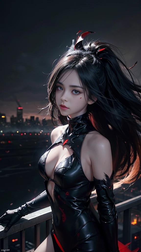 adorable_girl,fair_skin,cowboy_shot,huge filesize,wallpaper,colorful,fighting,lying_on_the_lake,walking_on_liquid,disdain,Blood Mist, background Urban rooftop,despair,Blood Cherry Blossom,torn clothes,crying with eyes open,solo,Blood Rain,bandages,Gunpowder smoke,beautiful deatailed shadow, Splashing blood,dust,tyndall effect,Floating black ashes, Beautiful and detailed black, red moon, ((The black clouds)), (black Wings) , a black cloudy sky, burning, black dress, ((Black fog)), Red eyes, (black smoke), ((Black feathers floating in the air)),bat, (floating black cloud:1.5),,Space opera,Space port,robot arm,elbow gloves,night,glisten,stare,cyberpunk,((((citylight)))),science fiction,bodysuit,Mechanical armor headdress,(bare shoulders),