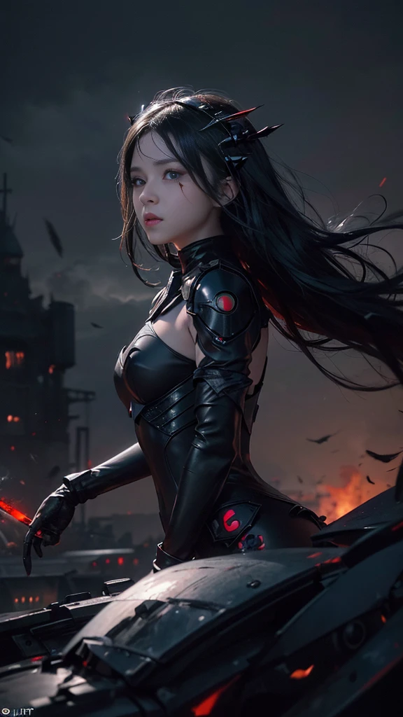adorable_girl,fair_skin,cowboy_shot,huge filesize,wallpaper,colorful,fighting,lying_on_the_lake,walking_on_liquid,disdain,Blood Mist, background Urban rooftop,despair,Blood Cherry Blossom,torn clothes,crying with eyes open,solo,Blood Rain,bandages,Gunpowder smoke,beautiful deatailed shadow, Splashing blood,dust,tyndall effect,Floating black ashes, Beautiful and detailed black, red moon, ((The black clouds)), (black Wings) , a black cloudy sky, burning, black dress, ((Black fog)), Red eyes, (black smoke), ((Black feathers floating in the air)),bat, (floating black cloud:1.5),,Space opera,Space port,robot arm,elbow gloves,night,glisten,stare,cyberpunk,((((citylight)))),science fiction,bodysuit,Mechanical armor headdress,(bare shoulders),
