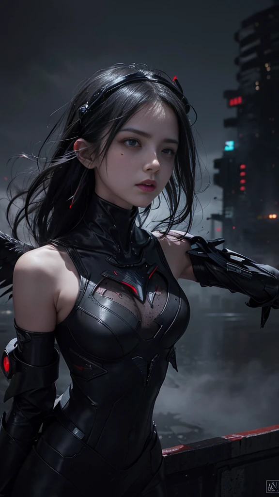adorable_girl,fair_skin,cowboy_shot,huge filesize,wallpaper,colorful,fighting,lying_on_the_lake,walking_on_liquid,disdain,Blood Mist, background Urban rooftop,despair,Blood Cherry Blossom,torn clothes,crying with eyes open,solo,Blood Rain,bandages,Gunpowder smoke,beautiful deatailed shadow, Splashing blood,dust,tyndall effect,Floating black ashes, Beautiful and detailed black, red moon, ((The black clouds)), (black Wings) , a black cloudy sky, burning, black dress, ((Black fog)), Red eyes, (black smoke), ((Black feathers floating in the air)),bat, (floating black cloud:1.5),,Space opera,Space port,robot arm,elbow gloves,night,glisten,stare,cyberpunk,((((citylight)))),science fiction,bodysuit,Mechanical armor headdress,(bare shoulders),