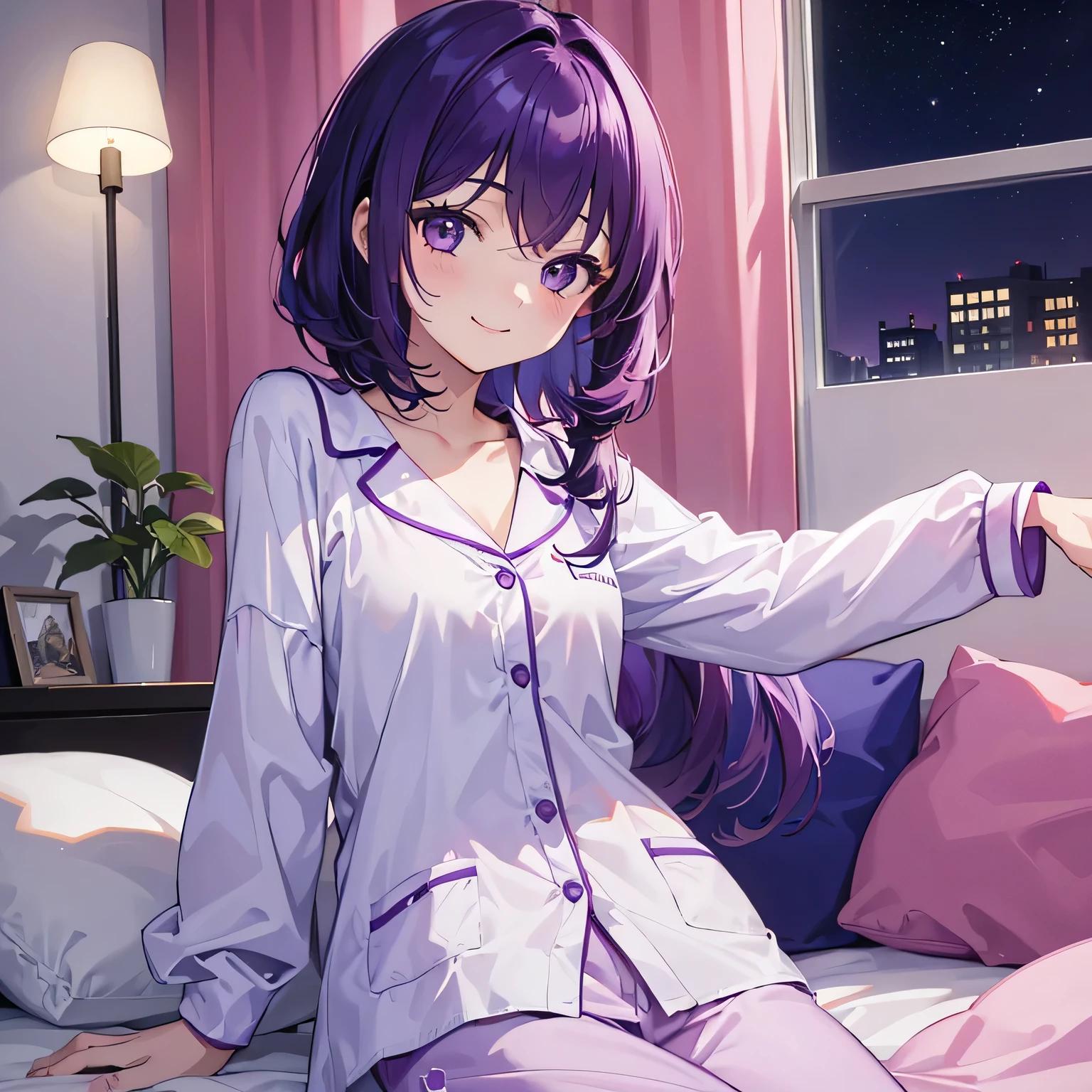 (T Masterpiece，4k wallpaper，Best Quality))、((girl１people))、(solo)、Bright and Brilliant，(Purple Hair)、(Shortcuts:1.3)、smile、Bedroom、pajamas、night