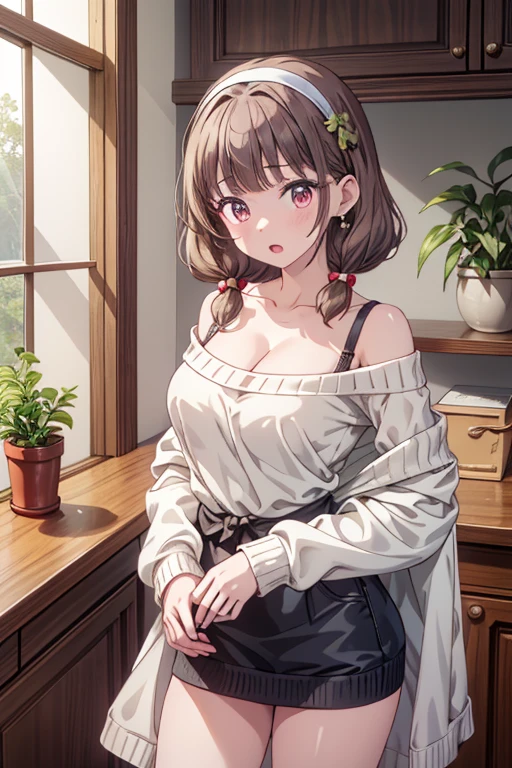 masterpiece, yor, 1girl, Amazing Cleavage:1.3, thin waist, big ass, Raised sexy, medium breast: 1.8 posed cleavage:1.2、solo, looking at viewer, open mouth, have a cup of coffee,black hair, red eyes, dress, bare shoulders, jewelry, collarbone, sidelocks, hairband, earrings, indoors, off shoulder, :o, sweater, arms behind back, plant, short hair with long locks, white hairband, off-shoulder dress, sweater dress, off-shoulder sweater, red sweater, big side hair, very long side hair,is rendered in (masterpiece: 1.2, best quality), with (ultra high resolution) and an exquisite (depth of field). This masterpiece is not only visually stunning but also tells, teach of cooking ,in the kitchen