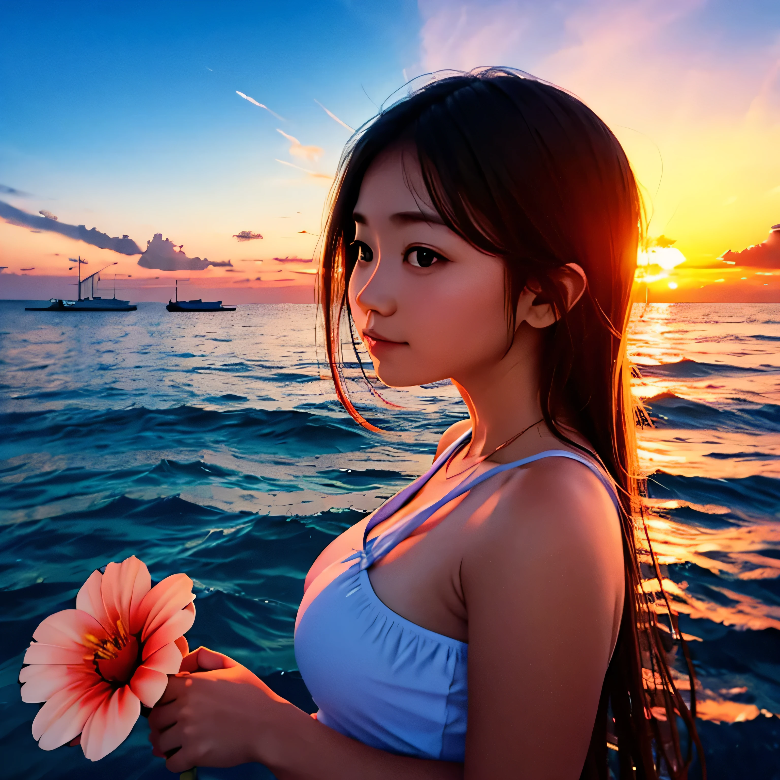 Girl sunset sea flowers water sky