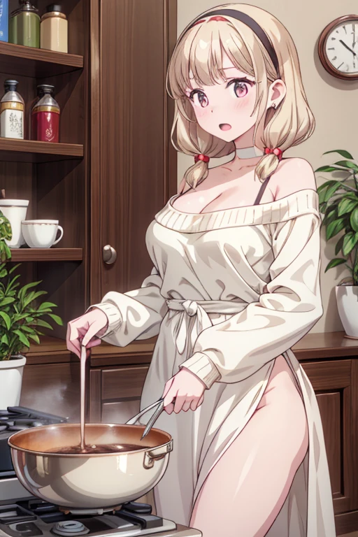 masterpiece, yor, 1girl, Amazing Cleavage:1.3, thin waist, big ass, Raised sexy, medium breast: 1.8 posed cleavage:1.2、solo, looking at viewer, open mouth, have a cup of coffee,black hair, red eyes, dress, bare shoulders, jewelry, collarbone, sidelocks, hairband, earrings, indoors, off shoulder, :o, sweater, arms behind back, plant, short hair with long locks, white hairband, off-shoulder dress, sweater dress, off-shoulder sweater, red sweater, big side hair, very long side hair,is rendered in (masterpiece: 1.2, best quality), with (ultra high resolution) and an exquisite (depth of field). This masterpiece is not only visually stunning but also tells, teach of cooking ,in the kitchen