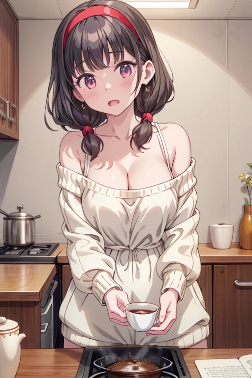 masterpiece, yor, 1girl, Amazing Cleavage:1.3, thin waist, big ass, Raised sexy, medium breast: 1.3 posed cleavage:1.2、solo, looking at viewer, open mouth, have a cup of coffee,black hair, red eyes, dress, bare shoulders, jewelry, collarbone, sidelocks, hairband, earrings, indoors, off shoulder, :o, sweater, arms behind back, plant, short hair with long locks, white hairband, off-shoulder dress, sweater dress, off-shoulder sweater, red sweater, big side hair, very long side hair,is rendered in (masterpiece: 1.2, best quality), with (ultra high resolution) and an exquisite (depth of field). This masterpiece is not only visually stunning but also tells, make of cooking some cakes ,in the kitchen
