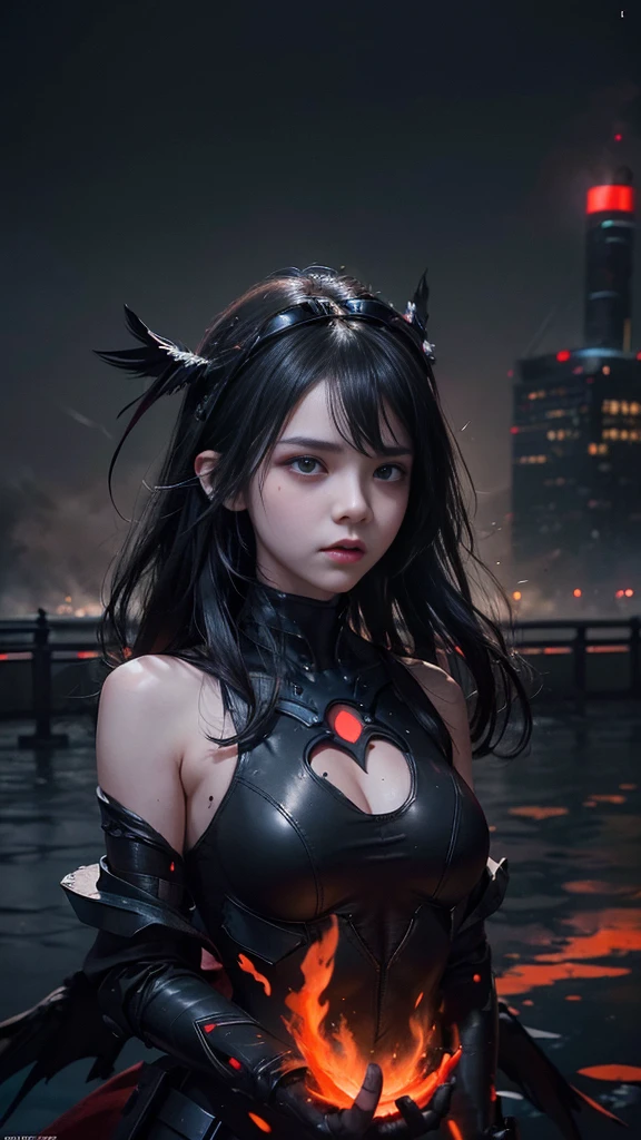 adorable_girl,fair_skin,cowboy_shot,huge filesize,wallpaper,colorful,fighting,lying_on_the_lake,walking_on_liquid,disdain,Blood Mist, background Urban rooftop,despair,Blood Cherry Blossom,torn clothes,crying with eyes open,solo,Blood Rain,bandages,Gunpowder smoke,beautiful deatailed shadow, Splashing blood,dust,tyndall effect,Floating black ashes, Beautiful and detailed black, red moon, ((The black clouds)), (black Wings) , a black cloudy sky, burning, black dress, ((Black fog)), Red eyes, (black smoke), ((Black feathers floating in the air)),bat, (floating black cloud:1.5),,Space opera,Space port,robot arm,elbow gloves,night,glisten,stare,cyberpunk,((((citylight)))),science fiction,bodysuit,Mechanical armor headdress,(bare shoulders),