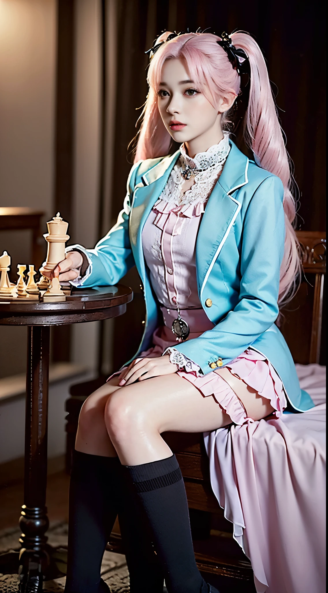 One woman, , (((pastel tuxedo suit with lace, frills and chiffon))), (((flared mini skirt))), (((pink hair))), (((thick bangs))), (((princess cut))), (((twin-tail, twin drill))), (((black lace knee-high socks))), (((pocket watch, afternoon tea, chess))), very deep depth of field, dramatic and very dark cinematic lighting, round face, very large jewel-like dark grey eyes, long eyelashes, thin nose, small mouth, very thin lips, no makeup, clear skin without blemishes, slender body, (((very realistic photos))), (((16K, high resolution))), (((UHD))), (((top quality))), (((masterpiece))), (((super detail))), (((anatomically correct))).