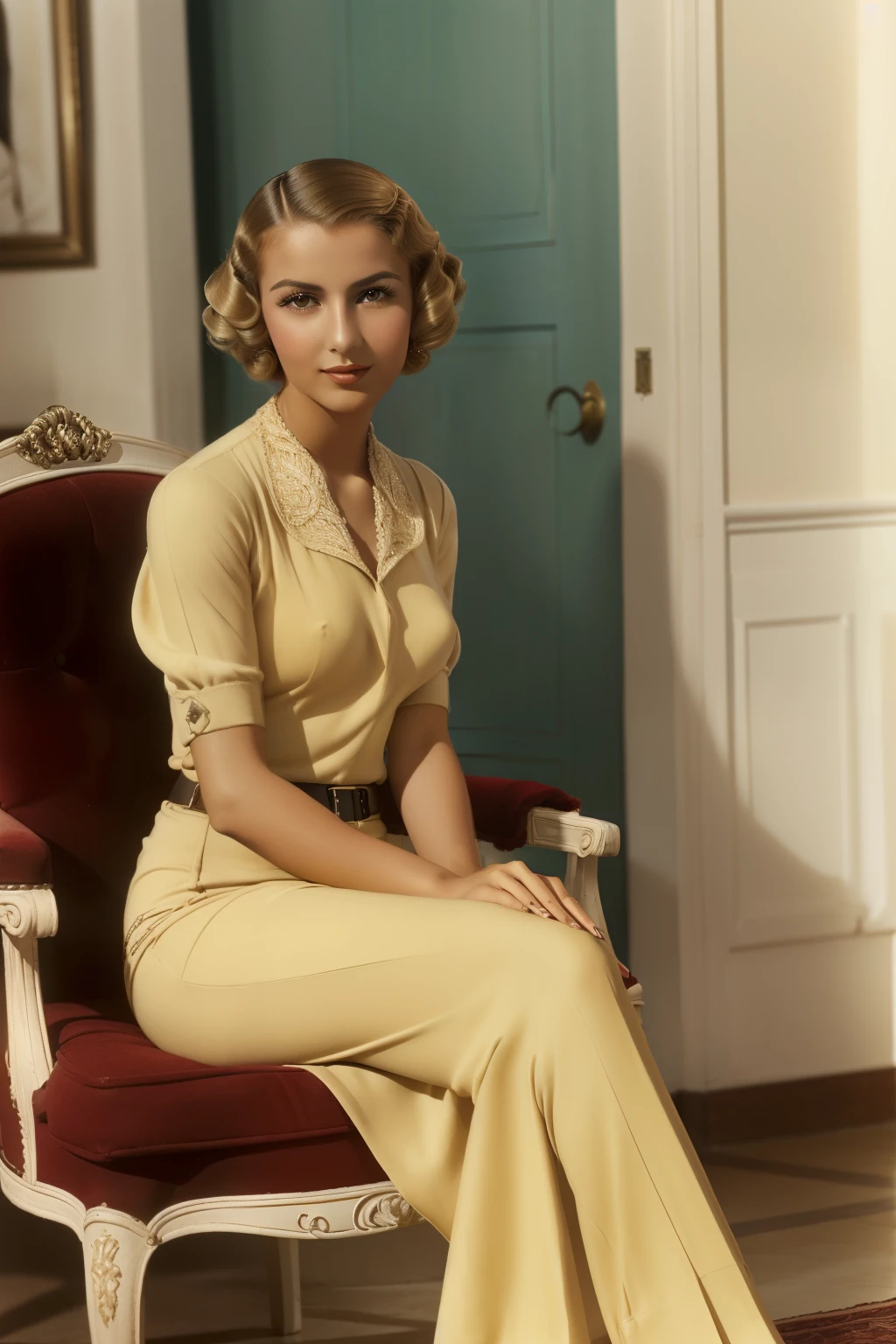Tetouan, 1937. portrait of A young ((((26-year-old)) Rosalinda Fox)), skinny, fresh, confident, elegant, sitting in a couture shop, ((((casual clothings from the 1930s)))), ((wavy blonde hairstyle of the 1930s)), (colorful)