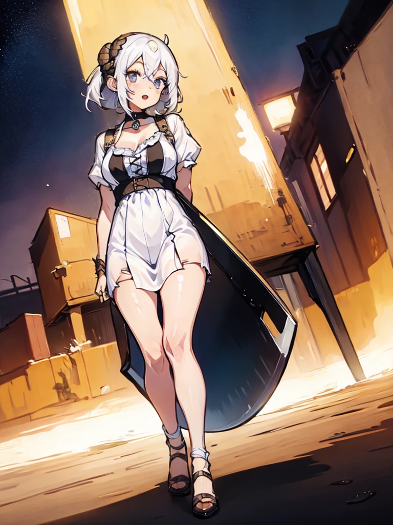((masterpiece)), ((bestquality)), ((ultra-detailed)), 1girl, solo, a 15-year-old girl, white hair, blue eyes, detailed face, dragonian_head, dragonian_body, dragonian_hairstyle, dragonian_horns, dragonian_tail, one white tail, white long dress, torn dress, black choker, ((circlet on head)), bangs, open mouth, Viking axe, (holding axe:1.2), (over shoulder), weapon over shoulder, molten dungeon, image resolution 1024