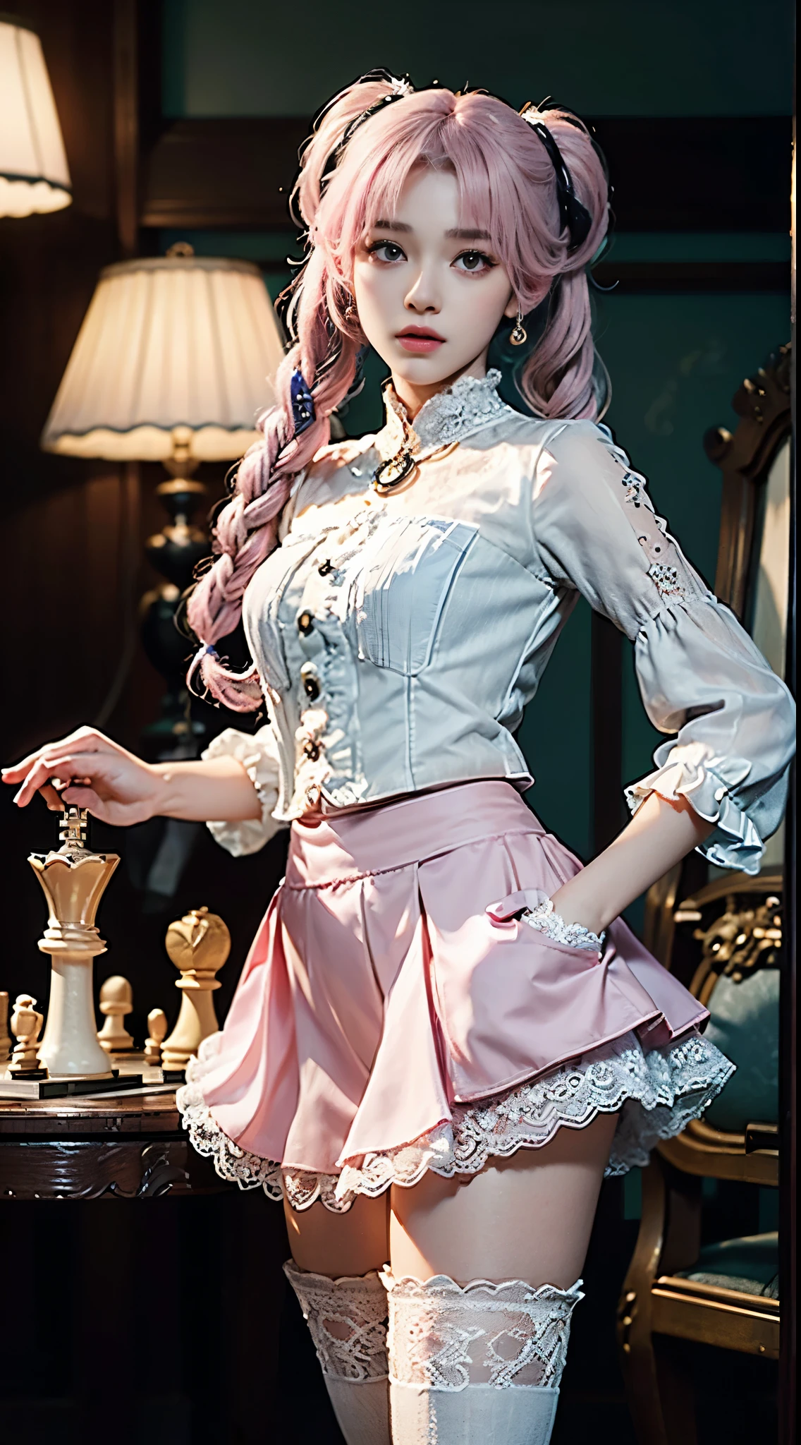 One woman, 14 years old, (((pastel tuxedo suit with lace, frills and chiffon))), (((flared mini skirt))), (((pink hair))), (((thick bangs))), (((princess cut))), (((twin-tail, twin drill))), (((black lace knee-high socks))), (((pocket watch, afternoon tea, chess))), very deep depth of field, dramatic and very dark cinematic lighting, round face, very large jewel-like dark grey eyes, long eyelashes, thin nose, small mouth, very thin lips, no makeup, clear skin without blemishes, slender body, (((very realistic photos))), (((16K, high resolution))), (((UHD))), (((top quality))), (((masterpiece))), (((super detail))), (((anatomically correct))).