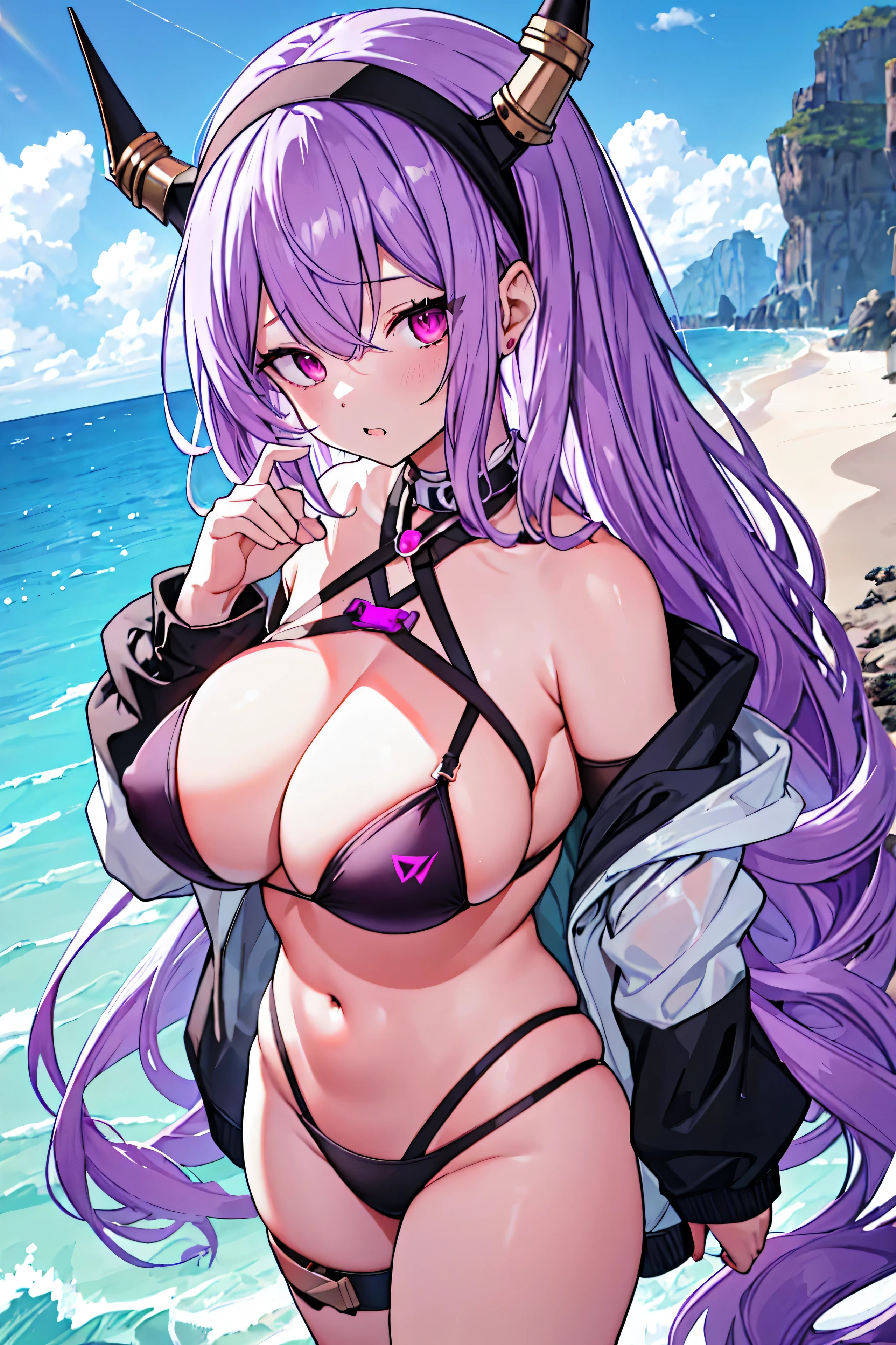 Typhon| Ark Knight, Masterpiece, best quality, 1 woman,25 years old ,micro mini bikini small, micro mini bikini covering only the nipples, gigantic bust, big, หน้าอกbigโต, หน้าอกbigยักไหล่, my hair is very long., headband, purple hair, proportion body, proportion, show your , Water set, This micro bikini,micro mini bikini, Lying on the beach with exciting challenges, Not clear. ,only, beautiful sea, The sky is beautiful, Looking at the audience from the front, thigh strap, tilt your head, bored, 10, 10, high resolution, Show off some serious design., Expression of anger, express dissatisfaction , Very angry.. ,