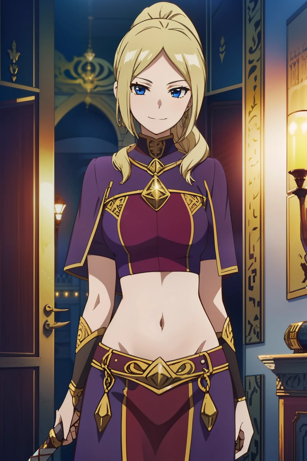 kiki_seiran, blonde hair, blue eyes, ponytail, masterpiece, best quality, highly detailed ,glint,halterneck,gold_choker, complex detailed background,
inside, stone wall, ancient interior, ancient egyptian room, hieroglyphs, dark lighting, dark
atmosphere, (cowboy shot), holding a sword, sword, belly_chain,harem_outfit,navel, necklace,
pelvic_curtain,revealing_clothes, veil，masterpiece,best quality,1girl,mature,evil smile, smile,
female,mature,necklace,pendant, exposed belly, exposed navel, exposed
midriff, exposed lower belly