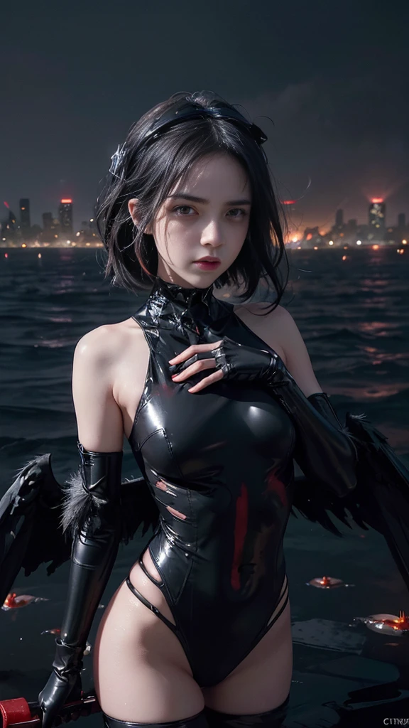 adorable_girl,fair_skin,cowboy_shot,huge filesize,wallpaper,colorful,fighting,lying_on_the_lake,walking_on_liquid,disdain,Blood Mist, background Urban rooftop,despair,Blood Cherry Blossom,torn clothes,crying with eyes open,solo,Blood Rain,bandages,Gunpowder smoke,beautiful deatailed shadow, Splashing blood,dust,tyndall effect,Floating black ashes, Beautiful and detailed black, red moon, ((The black clouds)), (black Wings) , a black cloudy sky, burning, black dress, ((Black fog)), Red eyes, (black smoke), ((Black feathers floating in the air)),bat, (floating black cloud:1.5),,Space opera,Space port,robot arm,elbow gloves,night,glisten,stare,cyberpunk,((((citylight)))),science fiction,bodysuit,Mechanical armor headdress,(bare shoulders),