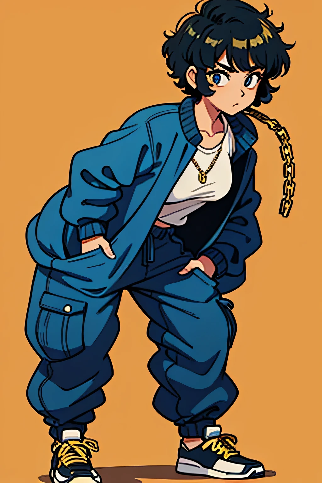 girl with short curly hair baggy hiphop clothes and goldchains