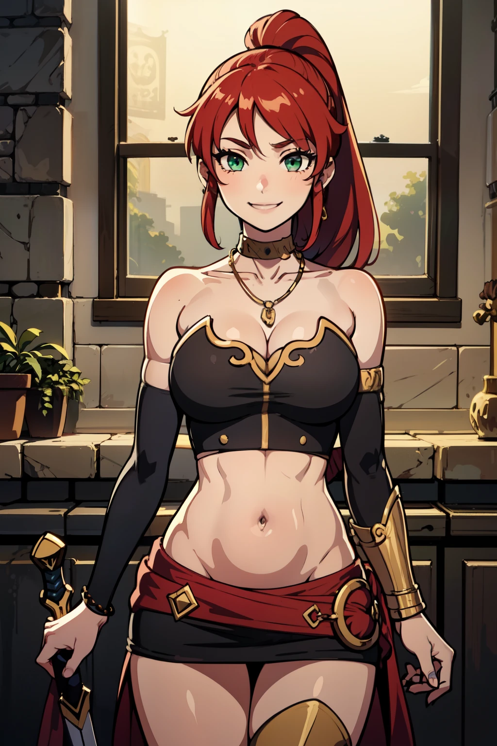 PyrrhaNikos, green eyes, red hair, ponytail, long hair, masterpiece, best quality, highly detailed ,glint,halterneck,gold_choker, complex detailed background,
inside, stone wall, ancient interior, ancient egyptian room, hieroglyphs, dark lighting, dark
atmosphere, (cowboy shot), holding a sword, sword, belly_chain,harem_outfit,navel, necklace,
pelvic_curtain,revealing_clothes, veil，masterpiece,best quality,1girl,mature,evil smile, smile,
female,mature,necklace,pendant, exposed belly, exposed navel, exposed
midriff, exposed lower belly