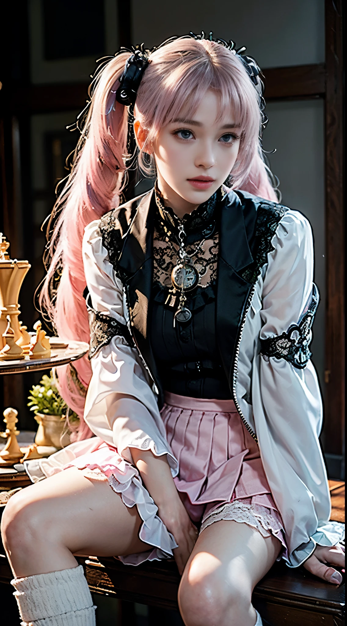 One woman, , (((pastel tuxedo suit with lace, frills and chiffon))), (((flared mini skirt))), (((pink hair))), (((thick bangs))), (((princess cut))), (((twin-tail, twin drill))), (((black lace knee-high socks))), (((pocket watch, afternoon tea, chess))), very deep depth of field, dramatic and very dark cinematic lighting, round face, very large jewel-like dark grey eyes, long eyelashes, thin nose, small mouth, very thin lips, no makeup, clear skin without blemishes, slender body, (((very realistic photos))), (((16K, high resolution))), (((UHD))), (((top quality))), (((masterpiece))), (((super detail))), (((anatomically correct))).