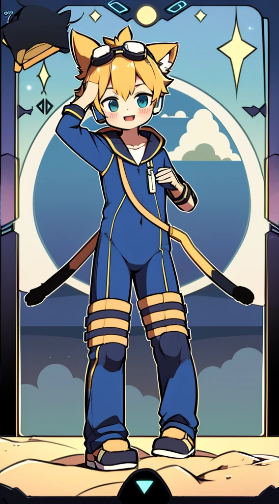 2D Boy Shota，One-piece mountaineering suit，Slim, healthy body，Put the headphones on your head，stand up，goggles，Cat ear，happy，Sailor collar，Lovely，Love，Short sleeve