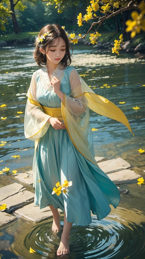 adorable_girl,fair_skin,huge filesize,colorful,There are many scattered luminous petals,Hidden in the light yellow flowers,Depth of field,Many flying drops of water,Many scattered leaves,branch ,angle ,contour deepening,cinematic angle,