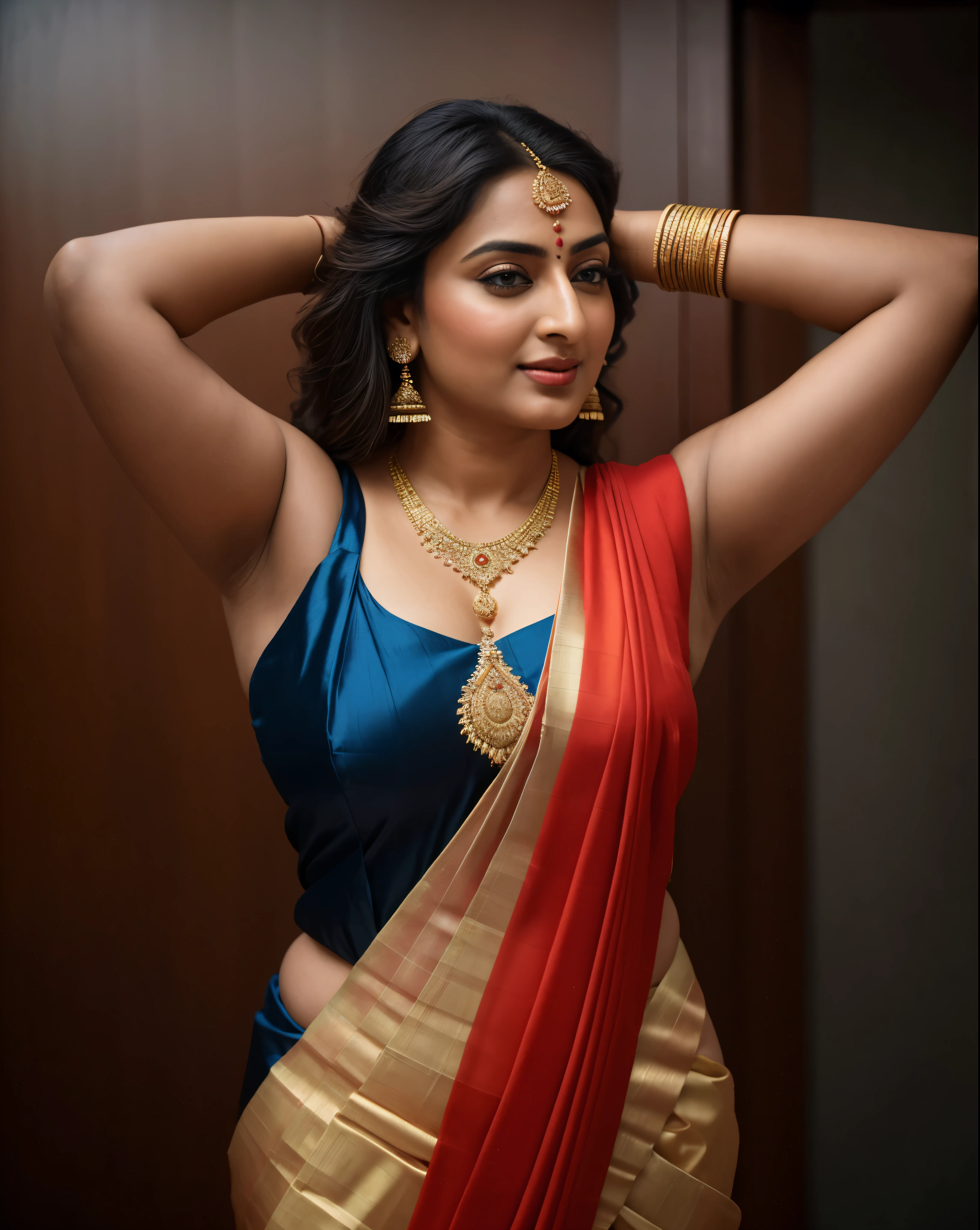 Foto RAW, photorealistic, photography, full body shot, master shot, perfect eyes, goddess like beauty, pierced eyes, perfect thick chubby mallu Desi aunty bhabhi, Wearing a Stanapatta, a chest-band.Saree model, model Photography, Indian saree shoot, Indian traditional wear advertising photography, traditional wear brand shoot, face of Indian actress Sonakshi Sinha, masterpiece, realistic, realism, incredible details,  pleasure, photorealism, detailed skin, skin pores, high contrast, photorealistic Artstation 8k HD digital art trend of high definition and detailed realistic skin texture, ultra detail, realistic skin texture, armature, best quality, ultra high definition, (photorealistic:1.4),, high resolution, detail, raw photo, sweat, Re sharp, by Lee Jefferies Nikon D850 Film Stock Photo 4 Kodak Portra 400 Camera F1.6 Lens Rich Color Ultra Real Realistic Realistic Textures Dramatic Lighting Unreal Engine Trending at Art Station Cinestill 800,(pele altamente detalhada: 1.2), 8k UHD, DSLR, soft-lighting, alta qualidade, grain of film, Fujifilm XT3,she didn't like to wear blouse or bra, she is happy to wear only saree, she hates blouse or bra, detailed hairy armpits, hyper realistic skin, skin pores, sweat, veins, 