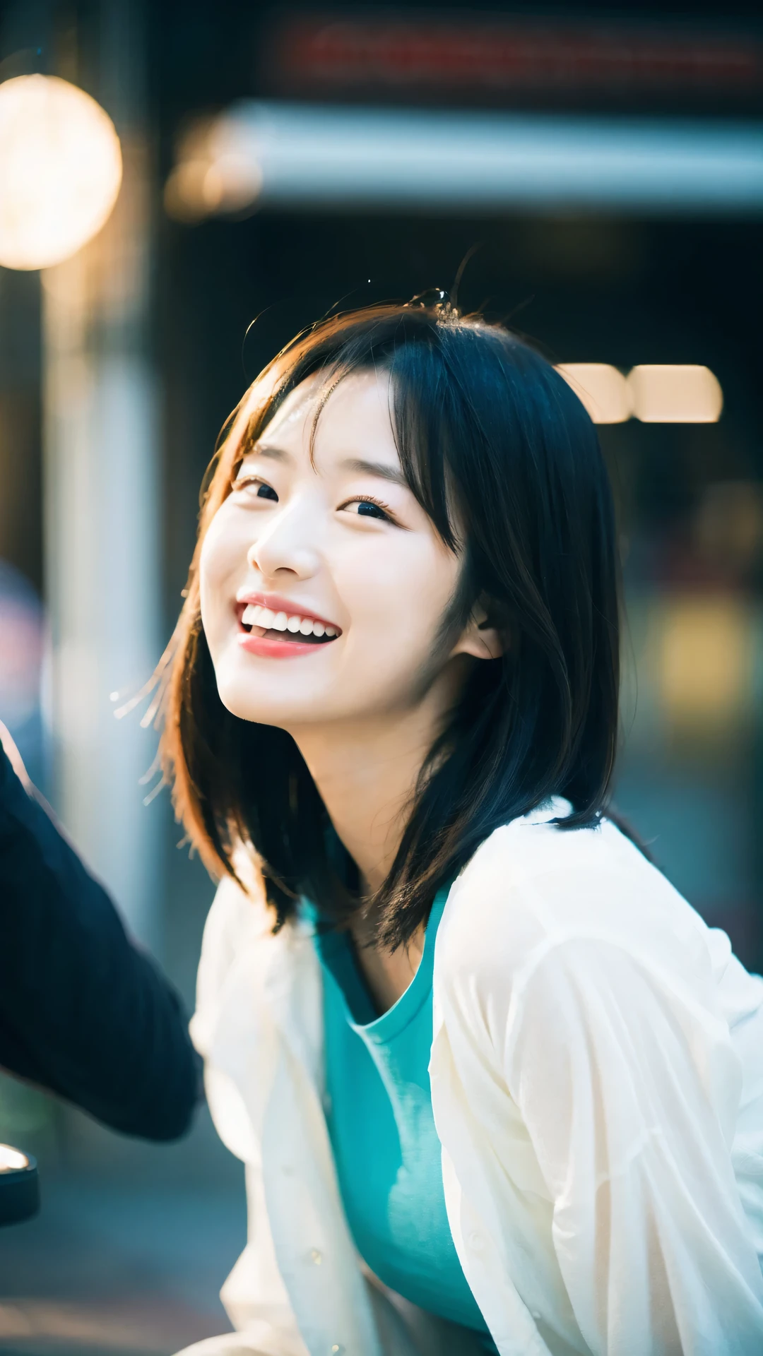 Cinematic Photo of a beautiful Korean fashion model laughing at a viewer