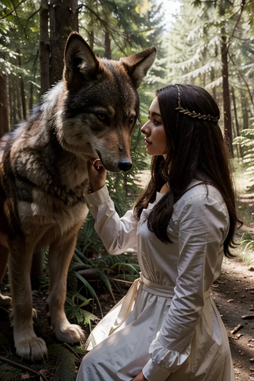 Young princess in the forest, Talking to a wolf