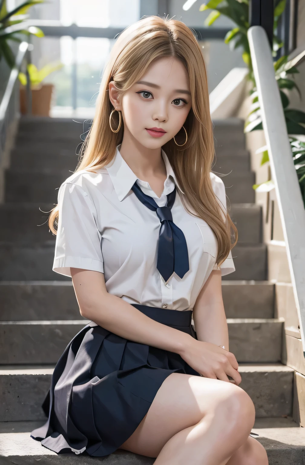 Gray eyes, Korean school uniform, Summer shirts, Ribbon Tie, skirt, Bright Blonde, school stairs, going down school stairs, Chest-up posture, Breast exaggeration pose, 8k RAW photos, high resolution, Korean guy is so handsome, Very round breasts, Beautiful eye details, Long eyelashes, Beautiful double eyelids, Eyeshadow, Eyeliner, Slender eyes, Elongate the shape of the eyes, Three white eyes, Smile, Expression, Very slender beautiful legs, Beautiful slender thighs, Random medium-length hair, hair tied behind the head, earrings,