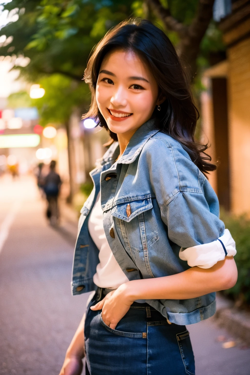 best quality,masterpiece,Ultra-high resolution,(RealistiCity:1.4),original photo,light,
Hongkong Style,Hongkong, 1 Girl, 1 boy, Brown hair, Smile, architecture, outdoor, shirt, City, Practical, Tree, denim, jeans, Black Hair, skirt, Photo Background, road