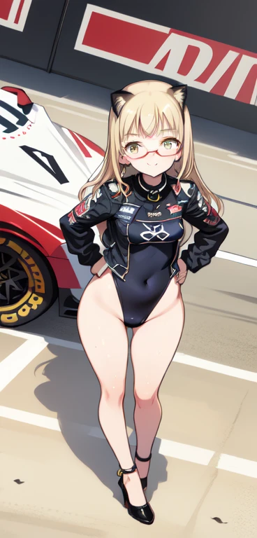 (8K, Best Quality, Ultra Detailliert, Highres, Absurdres, Perfect Anatomy:1.5, Masterpiece:1.5), (Strong Outline), (((1 Cute Girl))), (((perrine h. clostermann))), (((Yellow Eyes))), (((Glasses:1.5))), (((Long Long Hair:1.6, Bangs, Blust Bangs, Blonde Hair))), (((Black Cat Ears))), ((Black Cat Tail)), ((Slender Body, Dwarf:0.7)), (((Small Breasts))), ((Big Hips:1.3)), ((Blush:1.2)), (Sweat:1.0), (Evil Smile:1.0), (Smile:1.2), (Spoken Heart), (Five Fingers), (Good Hands, Best Hands),
BREAK; (((RACE_QUEEN))), (((LEOTARD))), LOGO, ((HIGHLEG)), (Election of Nipples:1.0, Cameltoe:1.2), ((JACKET, Short Sleeves:0.4)), (Open Jacket:1.2), (Earrings, Bracelet, Anklet), (High Heels), (Dynamic angle), Modeling Pose, (Prostitute poses:1.4), from Above:0.4, ((Posed Photo:1.3)), ((Wide-Angle Photo:1.3)), OutDoors, Race Field, Car, Sandy, Clear Sky, Glitter,