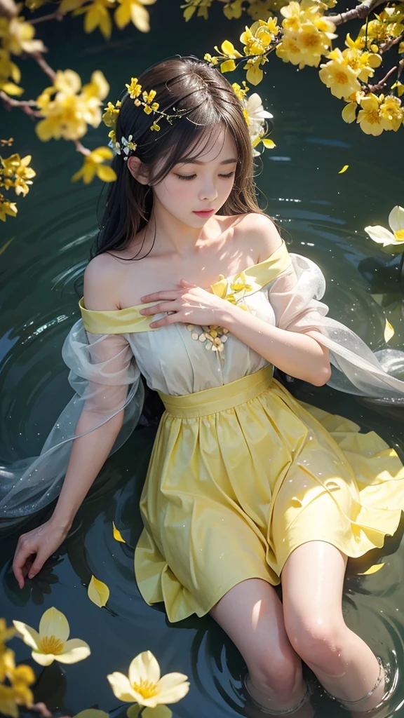 adorable_girl,fair_skin,huge filesize,colorful,There are many scattered luminous petals,Hidden in the light yellow flowers,Depth of field,Many flying drops of water,Many scattered leaves,branch ,angle ,contour deepening,cinematic angle,