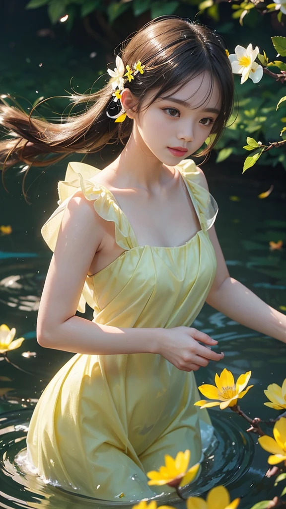 adorable_girl,fair_skin,huge filesize,colorful,There are many scattered luminous petals,Hidden in the light yellow flowers,Depth of field,Many flying drops of water,Many scattered leaves,branch ,angle ,contour deepening,cinematic angle,