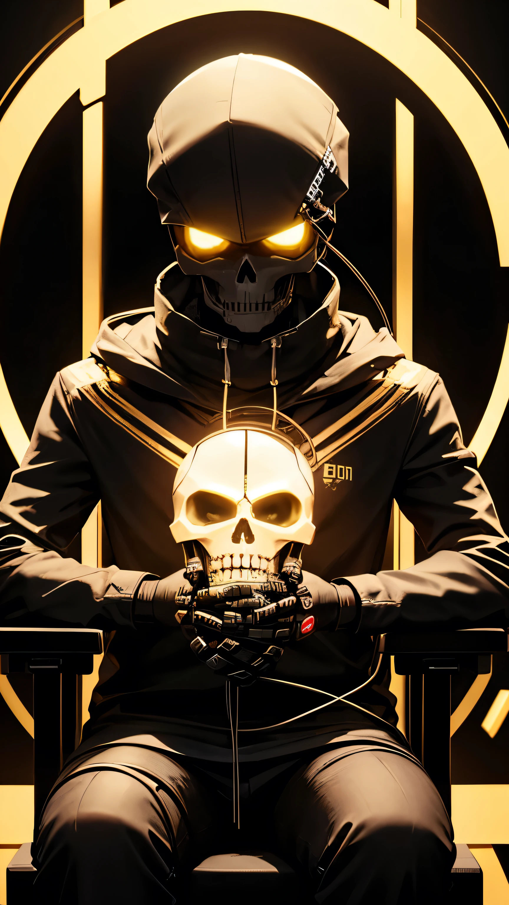 robotic skull with wires connected to its head having cpu components connected on its skull, sitting on advance chair , potrait mode, black and gold theme.