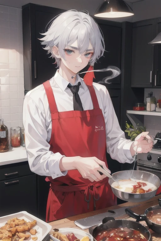 cooking cock Twenty-year-old man Add tobacco Eyebrows twisting Silver Hair Smoking a cigarette